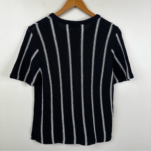 Theory Emmeris Ibisco Sweater Womens M Navy Striped Cotton Knit Short Sleeve Top - Picture 3 of 9